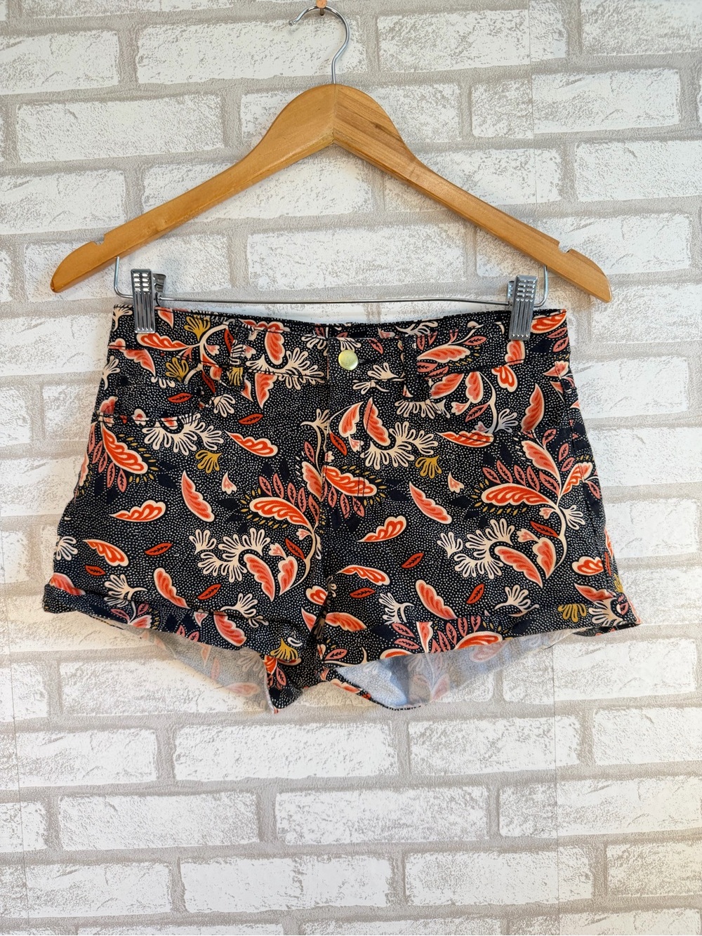 H&M Black Floral-Print Jean Shorts with Coral Accents